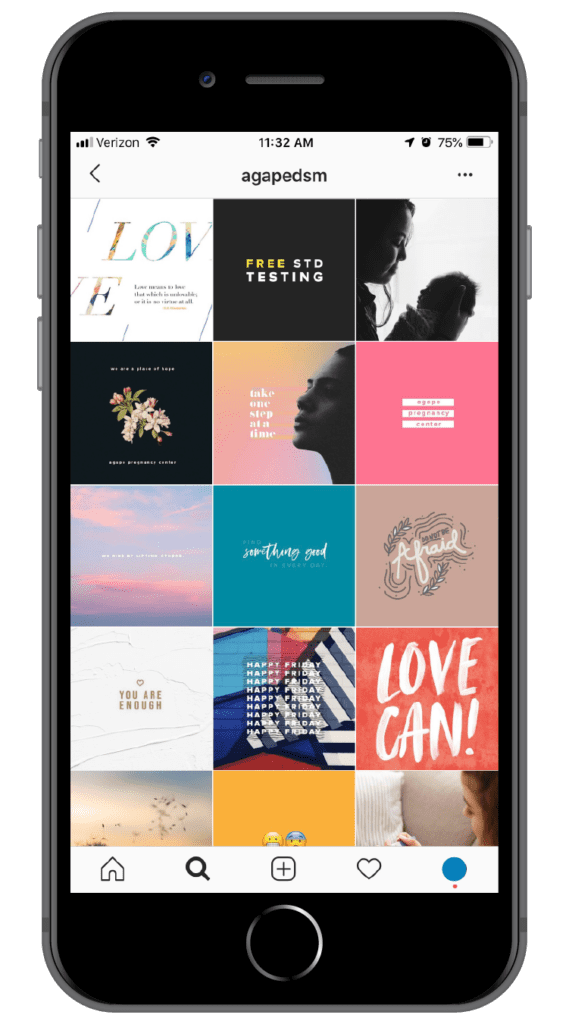 Agape Pregnancy Center Instagram feed mockup on phone