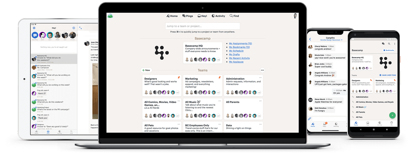Basecamp app on laptop and phone screens
