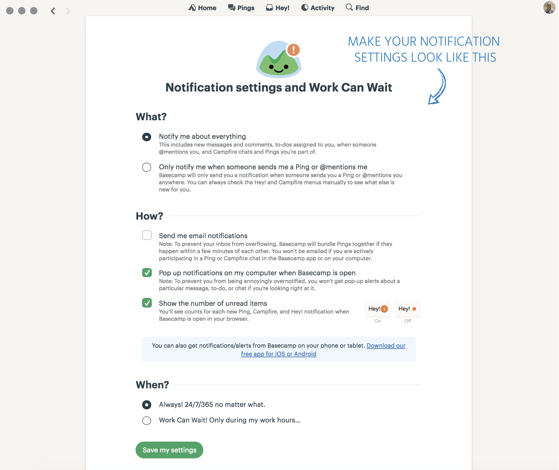 Basecamp app notification settings