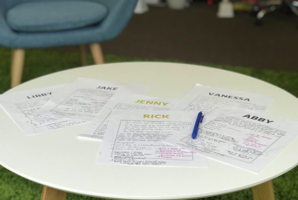 Team strengths activity sheets on coffee table