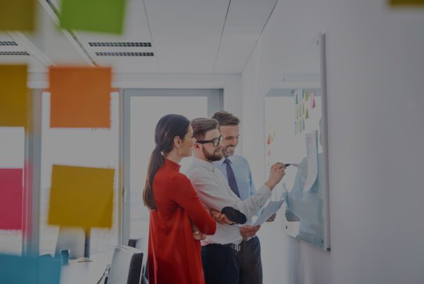 Three people whiteboarding together