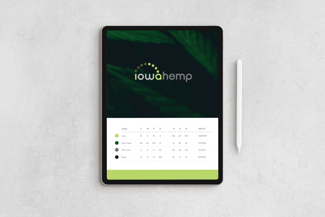 Iowa Hemp logo and colors on tablet