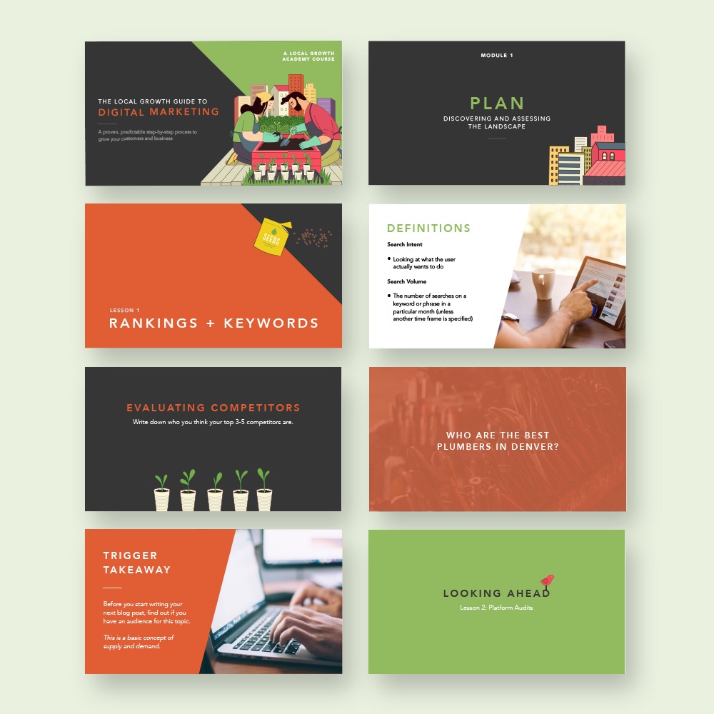 Online course presentation mockup showcasing digital marketing lesson plans and custom design.