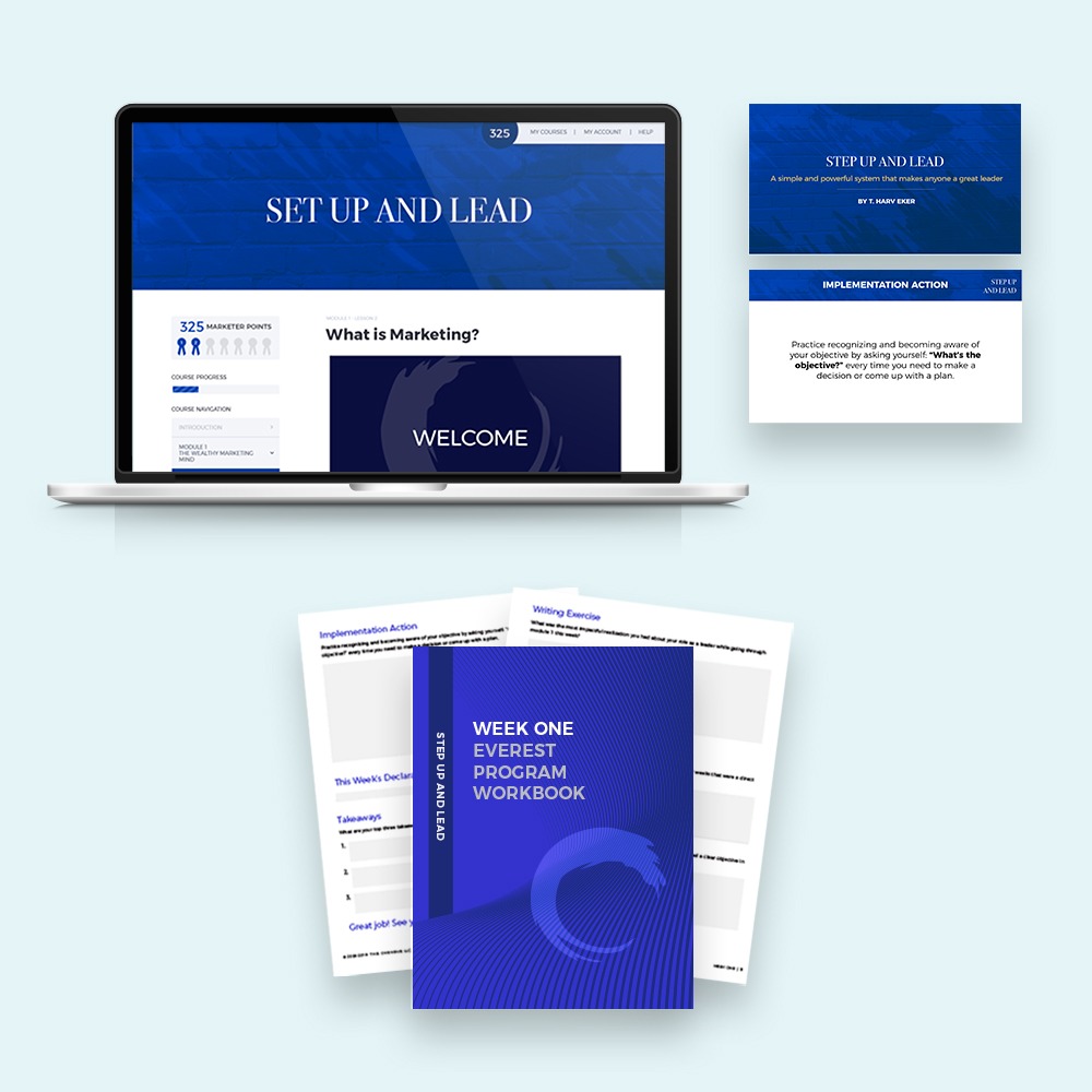 Online course mockup showcasing course design and workbook materials for "Set Up and Lead" program.