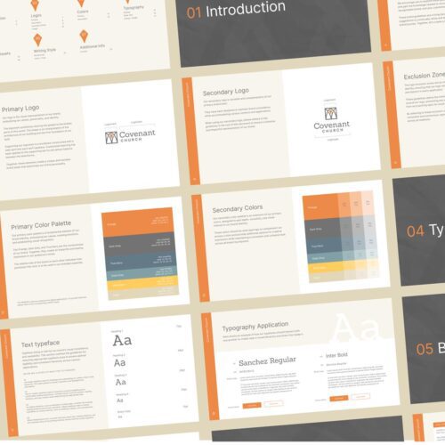 Covenant Church brand identity system design and typography examples.