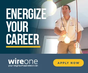 WIREone-recruitment-google-display-ads_SET1_300 x 250 WireOne recruitment display ad featuring electrician and lightbulb, optimizing programmatic ads for service-based businesses.
