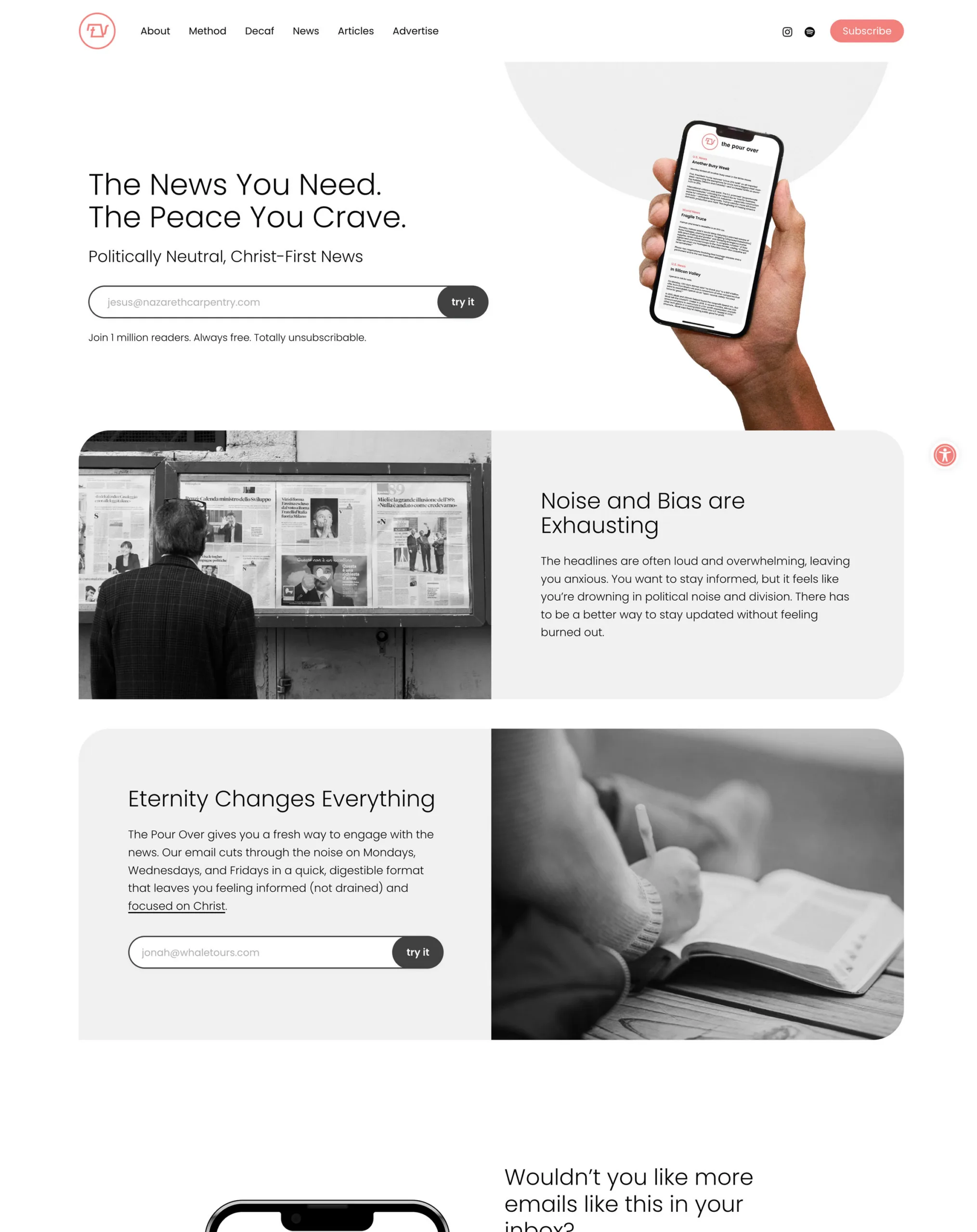 The Pour Over website redesign showcasing news and Christian perspective content.