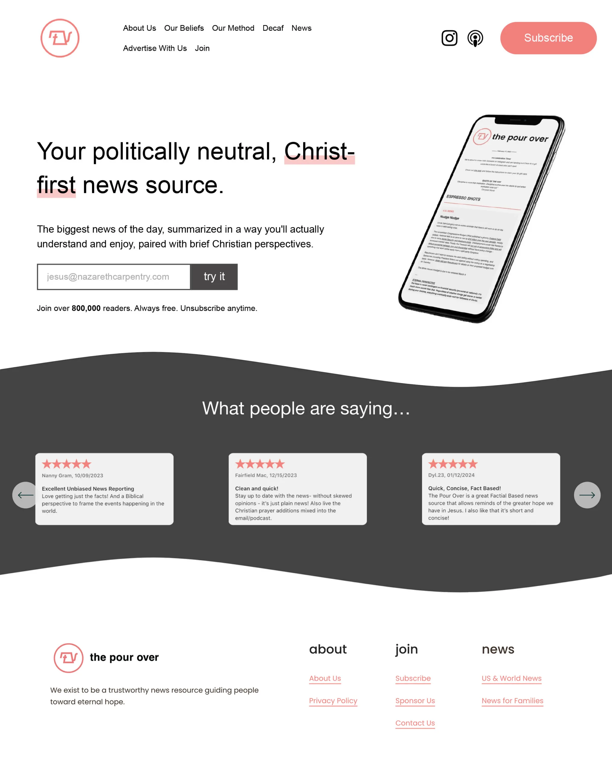 The Pour Over website homepage redesign and mobile view showcasing Christian news and perspectives.