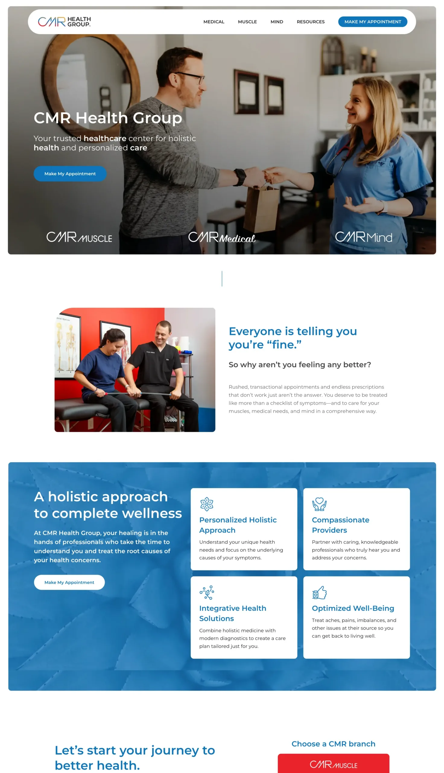 Unified CMR Health Group website design showcasing Medical, Muscle, and Mind branches and holistic care services.