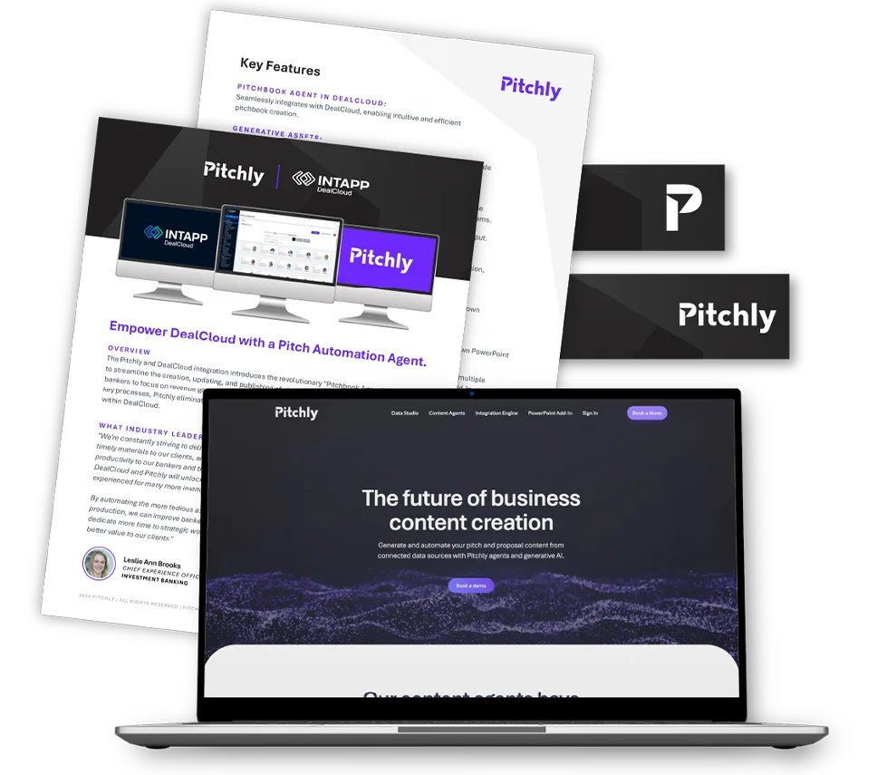 Pitchly mockup showcasing website design and content creation for DealCloud and Intapp.