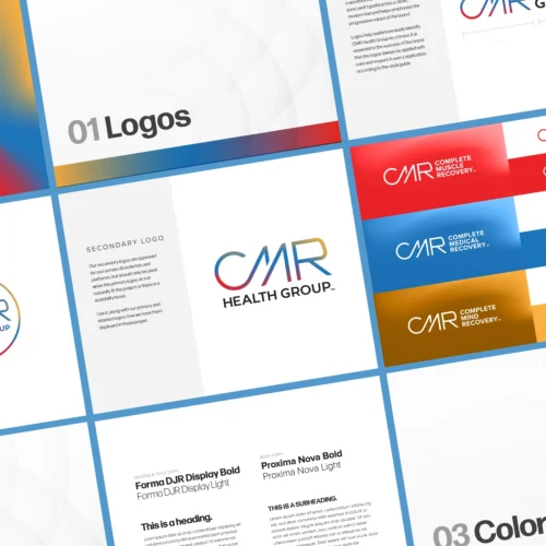 TwoTone Creative brand guidelines showcasing CMR Health Group logo and typography.