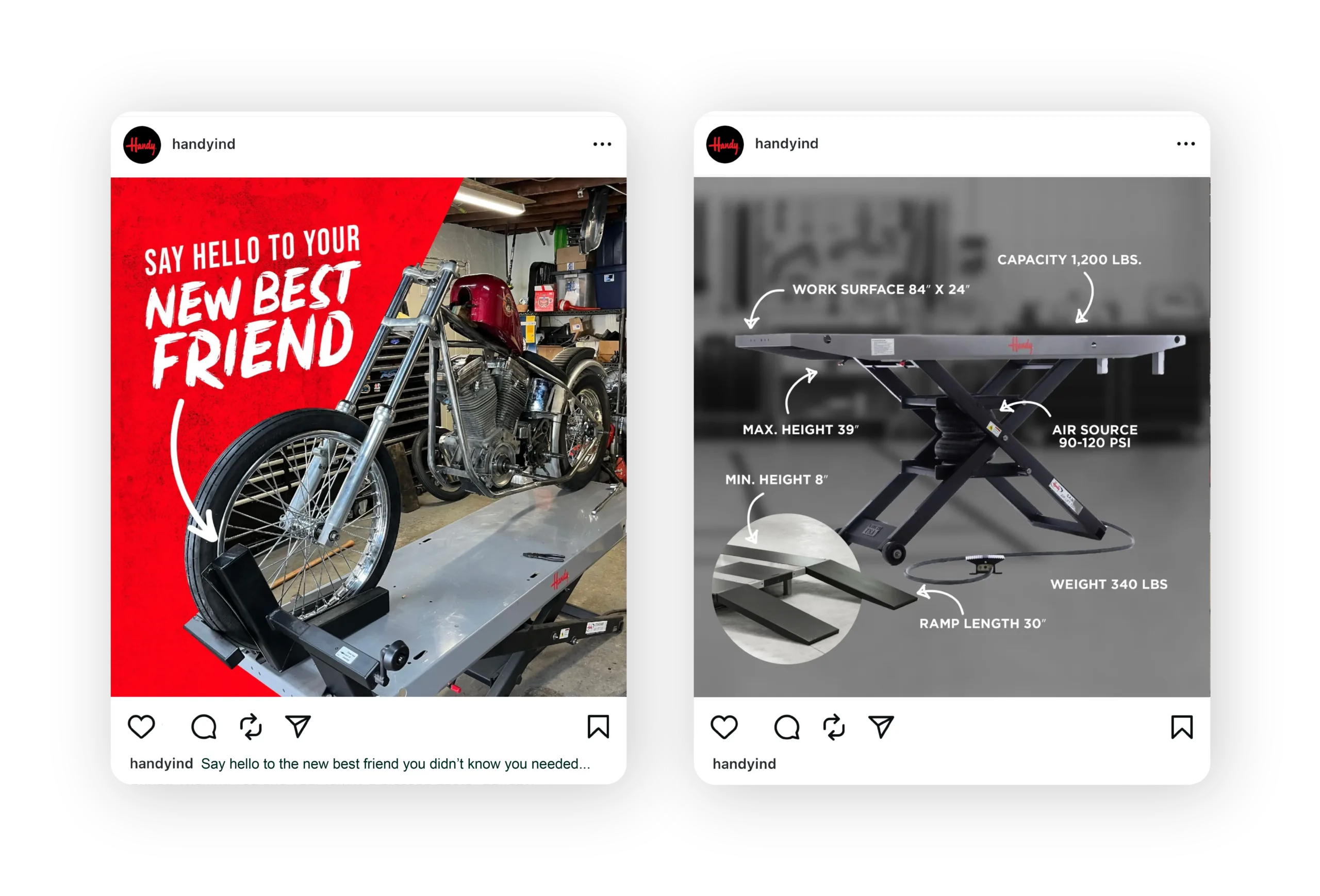 Handy Industries digital ads showcasing work surfaces and lift tables for targeted Google Search campaigns.