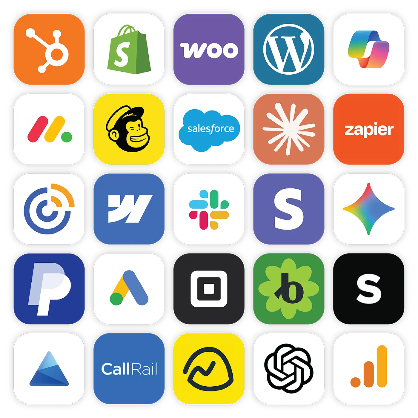Marketing technology icons including Salesforce, Shopify, Zapier, and WordPress illustrating integrated marketing systems.