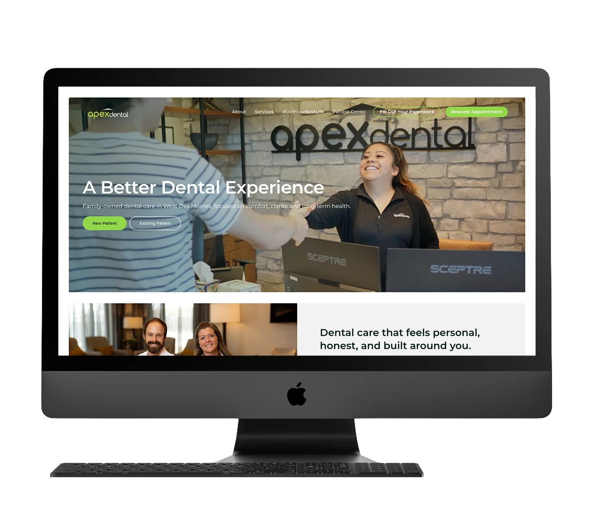 Apex Dental website design showcasing a modern user experience and smiling dental professional.
