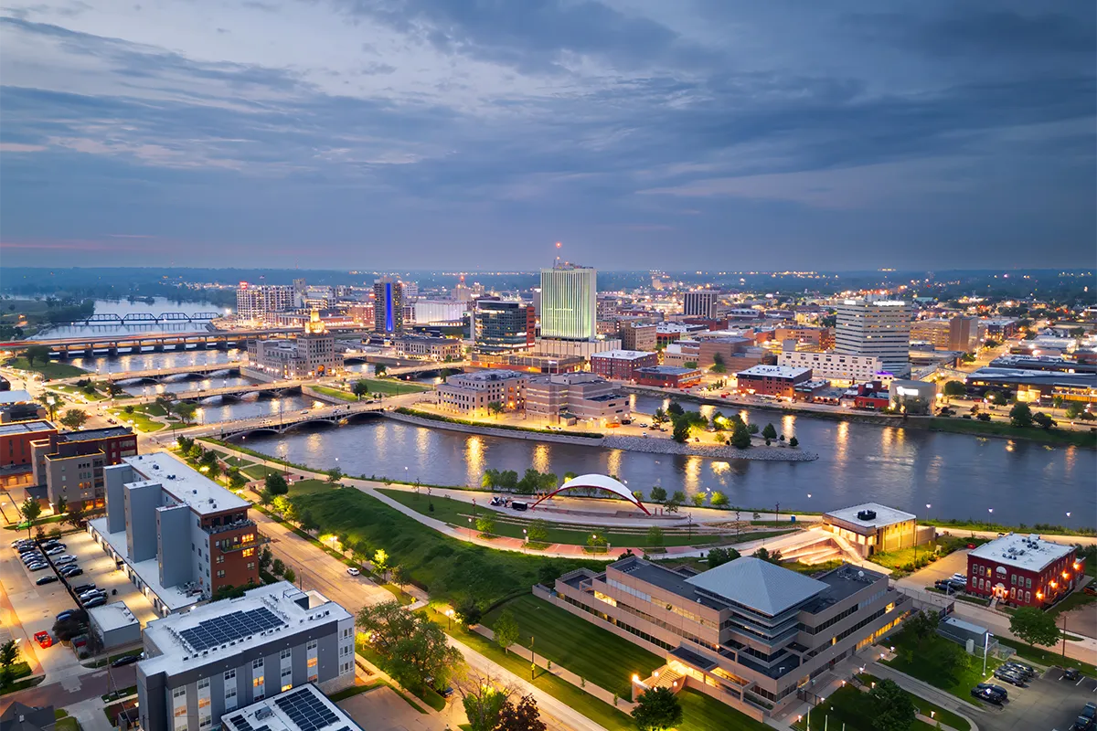 Cedar Rapids Iowa cityscape and riverfront district, a cultural and industrial powerhouse.