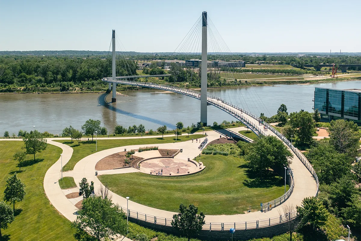 Council Bluffs Iowa riverfront and pedestrian bridge, transportation and logistics hub.
