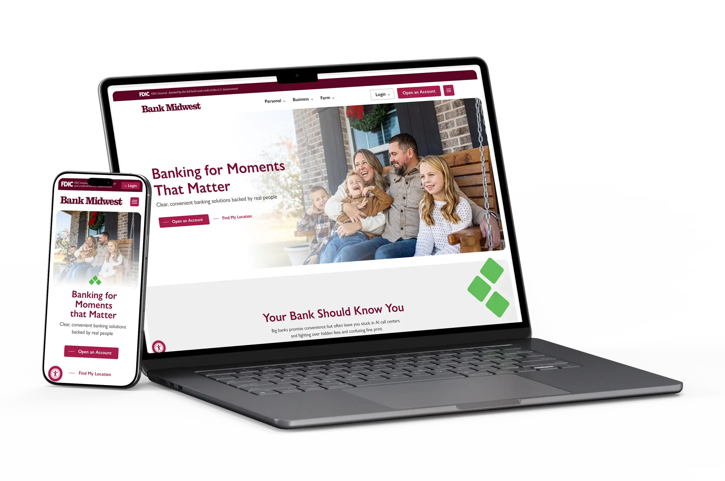 Bank Midwest website mockup on laptop and mobile devices showcasing custom web design and development services.