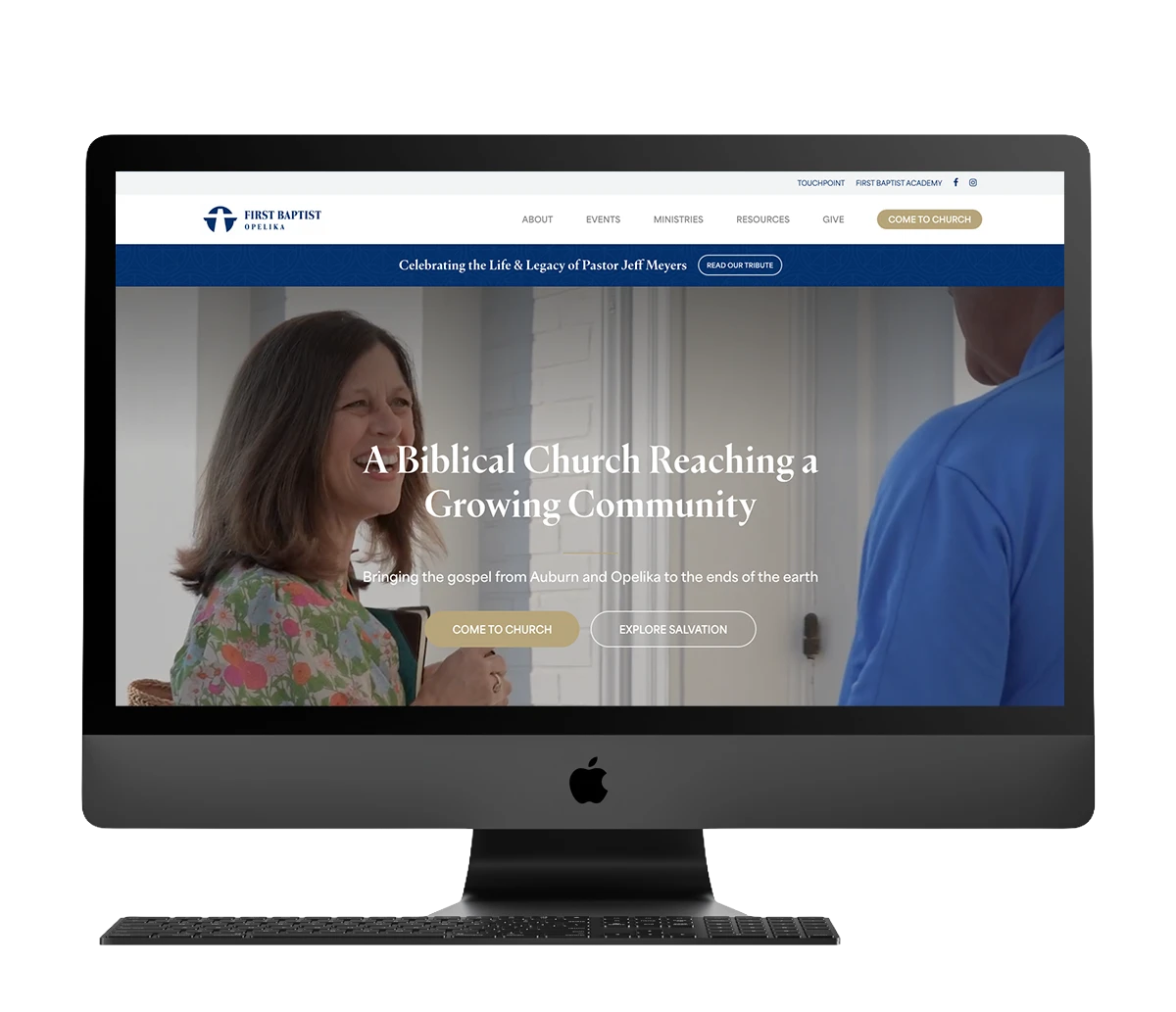 Website design for First Baptist Church of Opelika and TwoTone Creative showcasing church website.