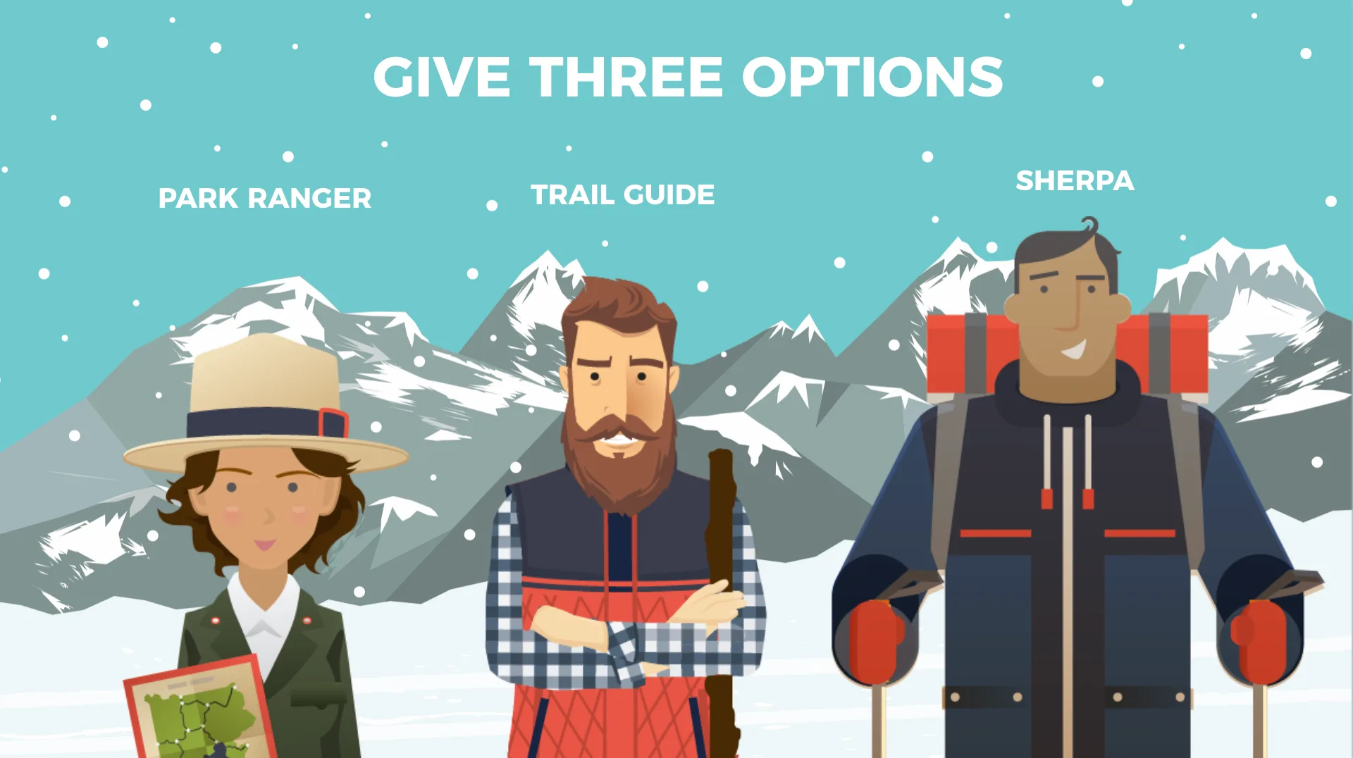 Option 1: Creative presentation design featuring park ranger, trail guide, and sherpa illustrations.
Option 2: Engaging presentation visuals with custom graphics and unique character designs.
Option 3: PowerPoint presentation design example with innovative visuals and professional character illustrations.