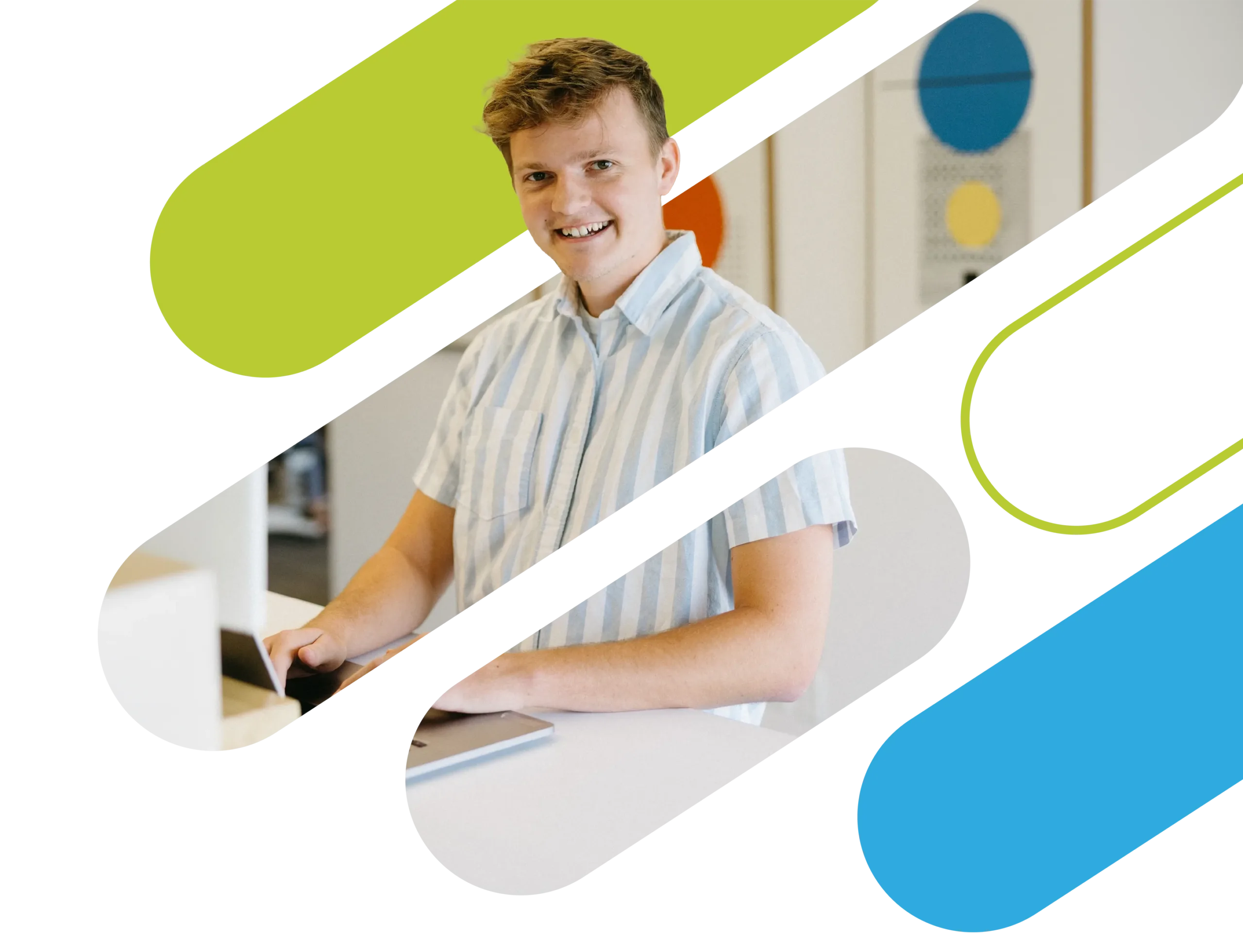 TwoTone Creative team member smiling and working on laptop, showcasing marketing agency expertise.