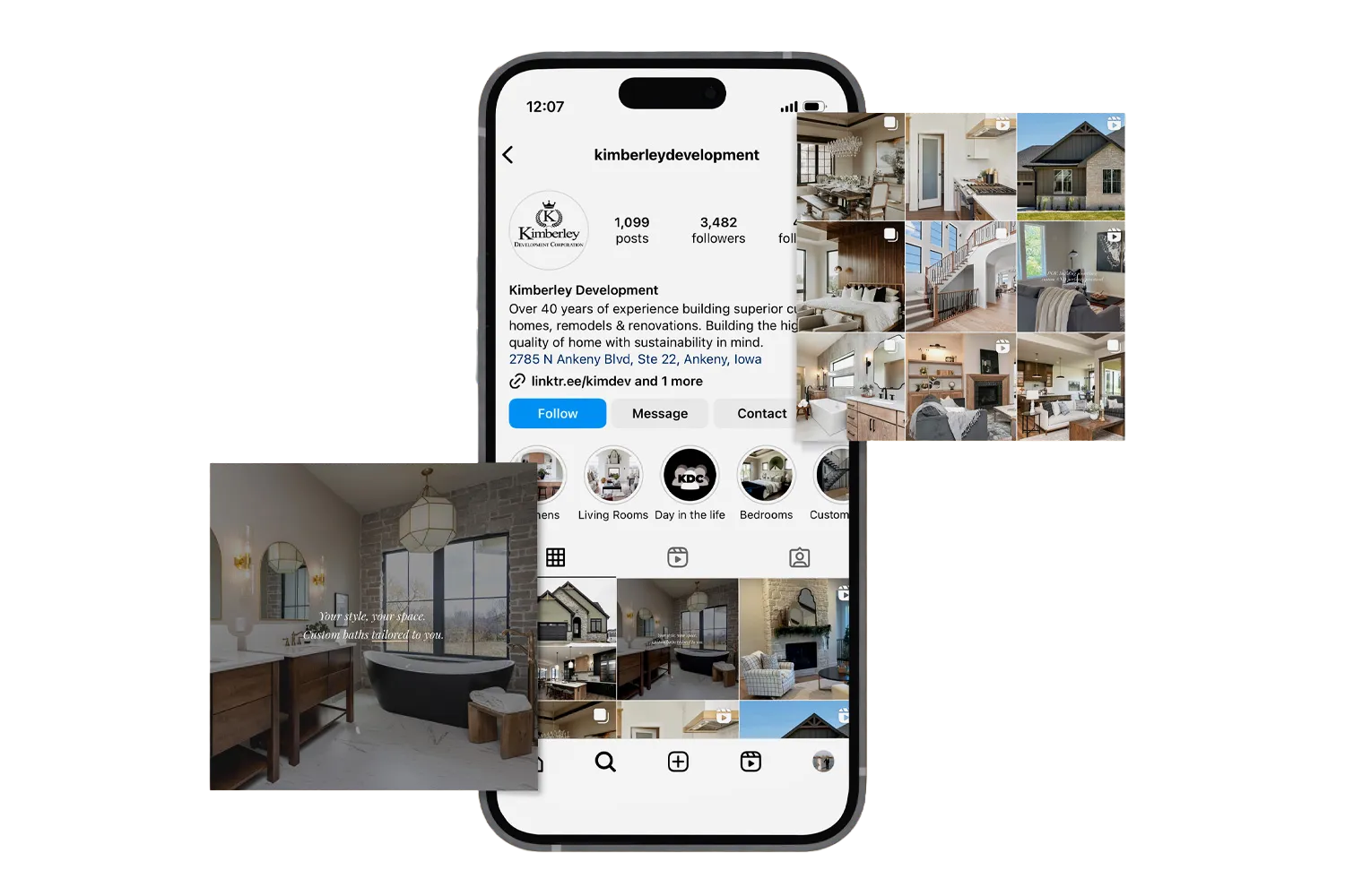Kimberley Development Instagram profile showcasing home construction and marketing results.