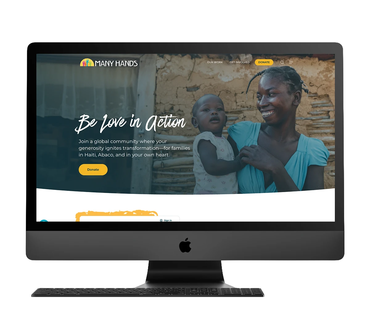 Many Hands website design showcasing community impact and donation call to action.