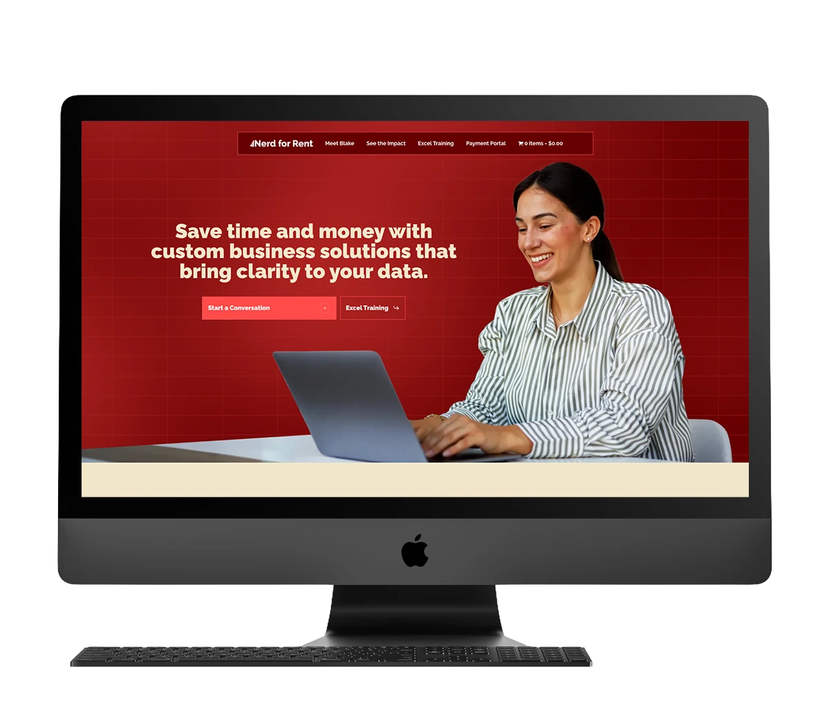Website mockup for Nerd4Rent showcasing custom business solutions and data clarity.