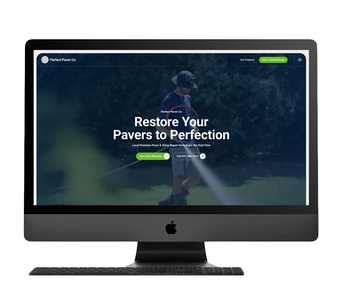 Website mockup showcasing Perfect Paver Co and paver restoration services, featuring a man cleaning pavers with a spotlight.