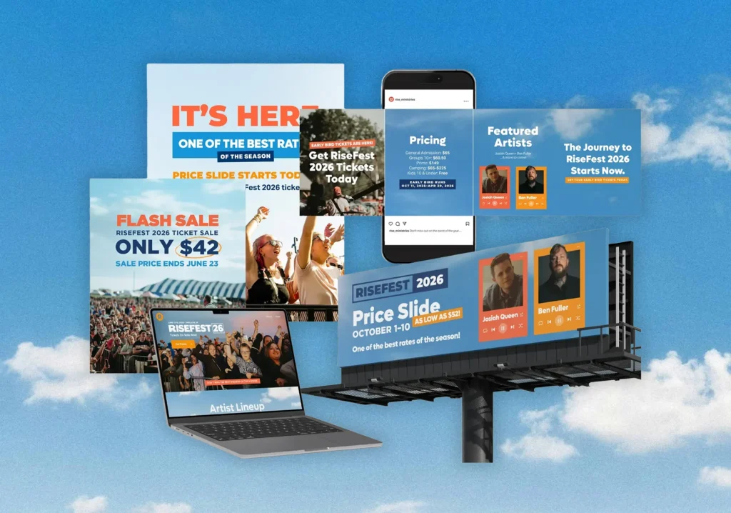 Nonprofit marketing mockup showcasing RiseFest 2026 event promotion and ticket pricing.