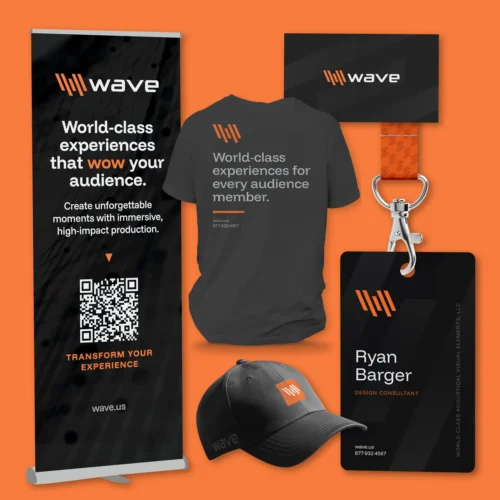 TwoTone Creative branding deliverables for WAVE, including banner, t-shirt, and business card designs.