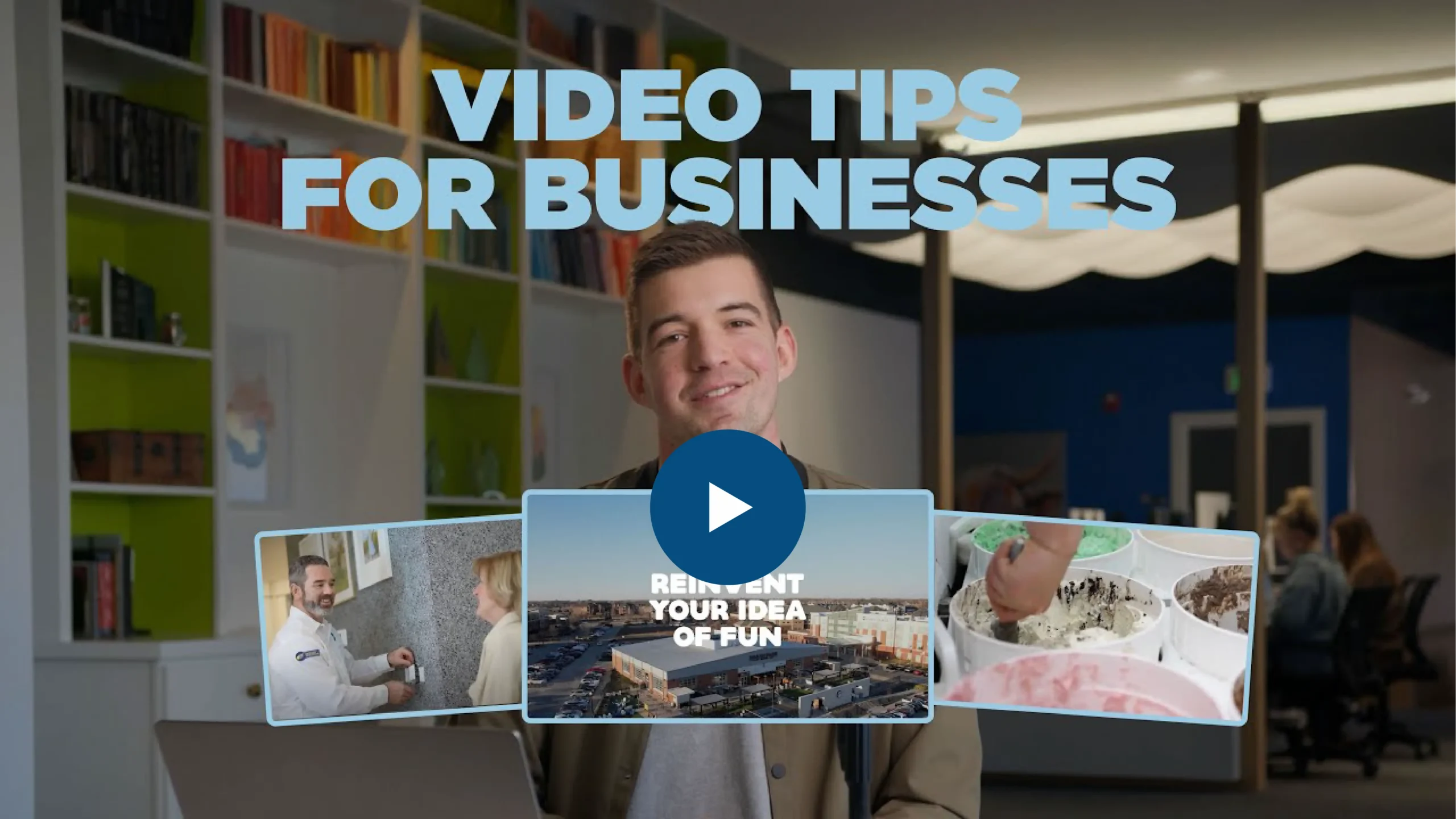 Video tips for businesses thumbnail featuring a man and repurposed video clips.