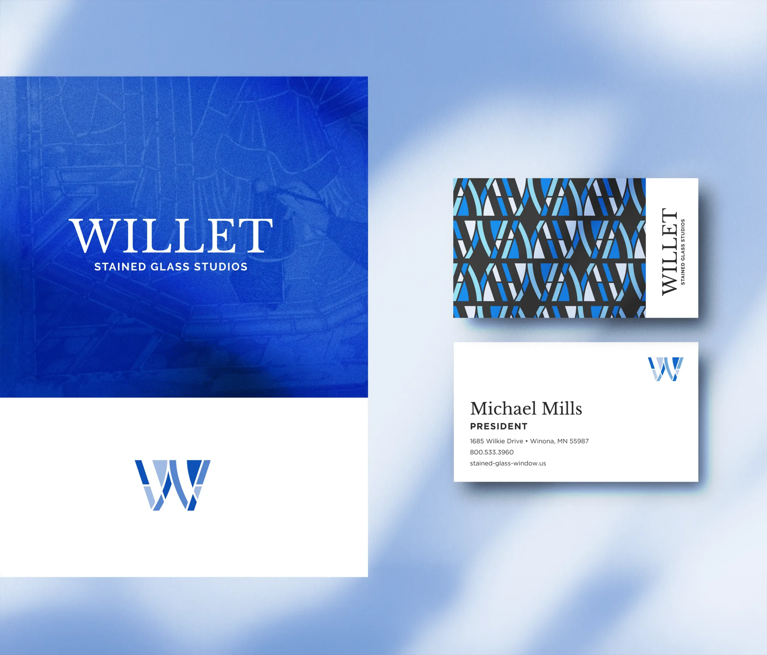 Willet stained glass logo and business card design for brand identity system.