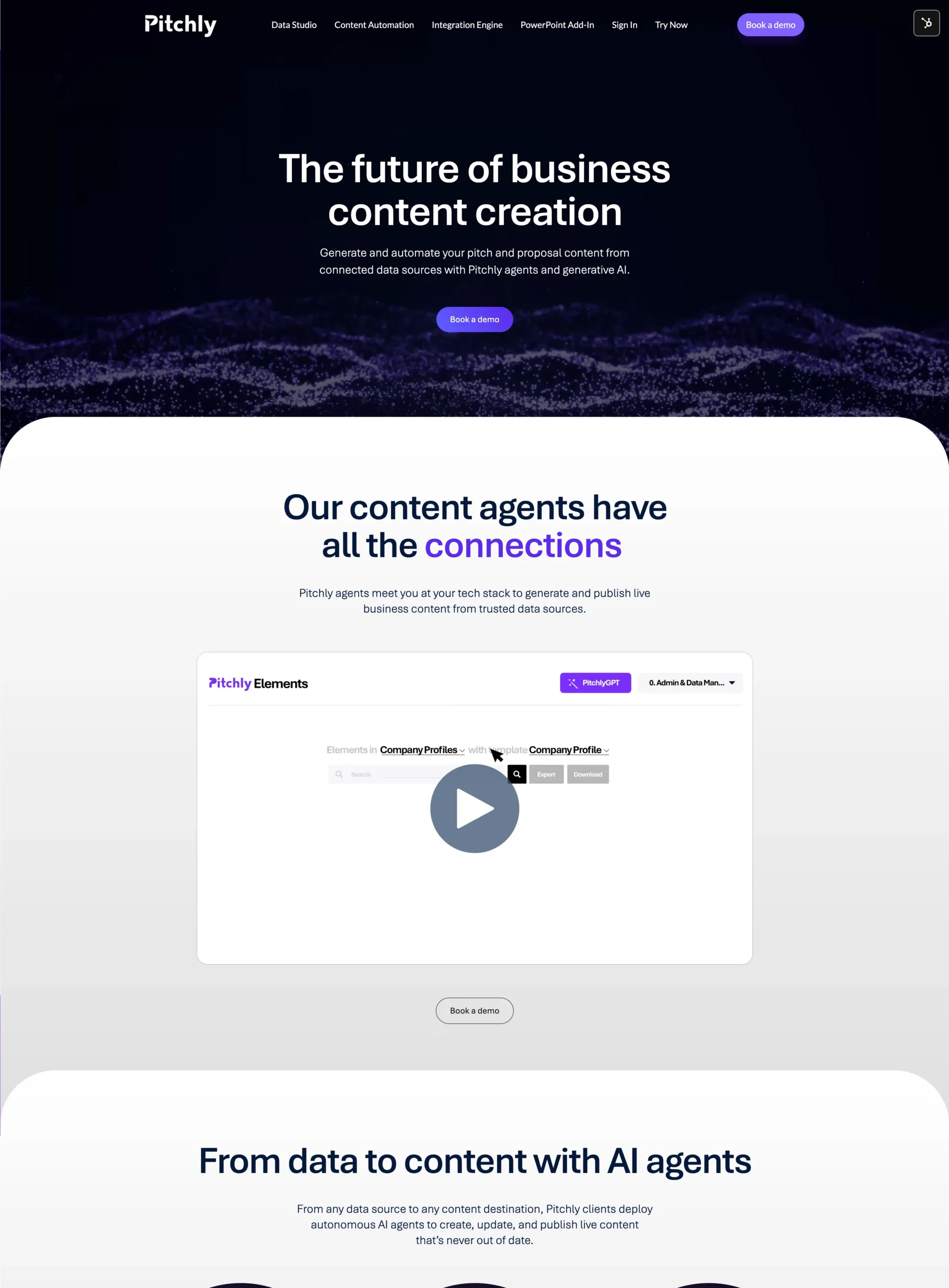 Pitchly website design showcasing data transformation and content automation.