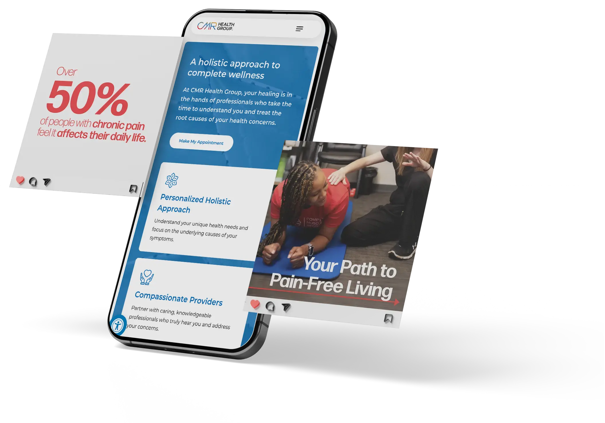 Mobile phone mockup displaying CMR Health Group website and marketing content for holistic wellness solutions.