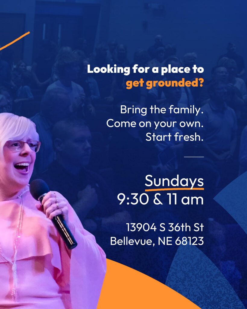 LifeSpring Church service graphic with woman speaking and text promoting Sundays and Bellevue location.