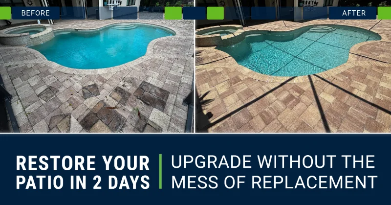 perfect-paver-ads-8 Before and after paver restoration showcasing dramatic transformation of a patio and pool area.