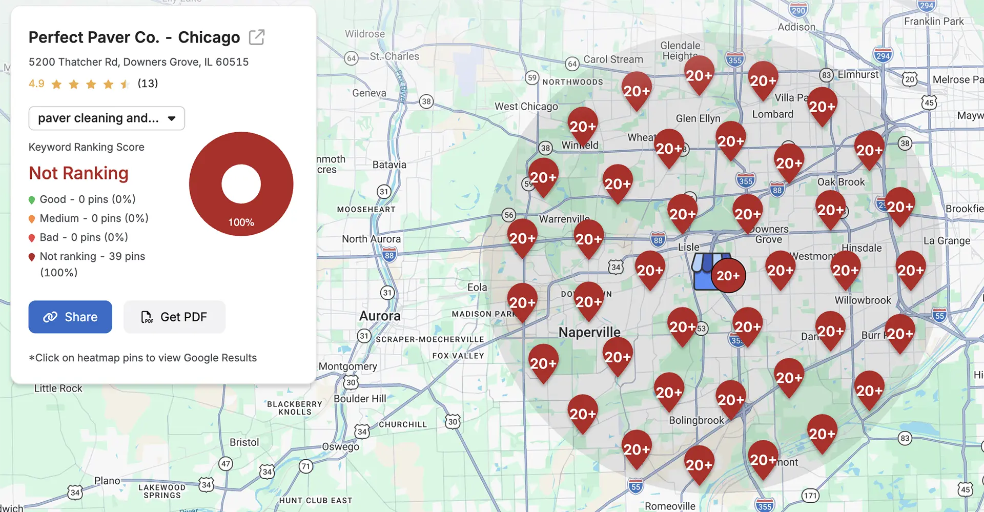 Perfect Paver Co. Chicago area map showing keyword ranking improvements and locations.