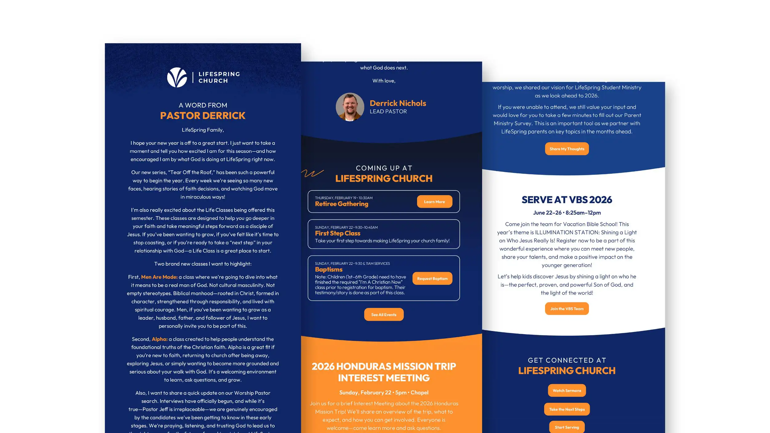LifeSpring Church digital communication: website design and monthly newsletter examples.